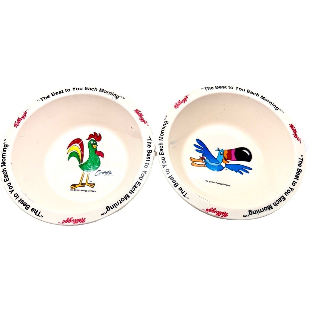 Vintage 1995 Kelloggs Cereal Bowls Set Toucan Sam Corny Rooster Melamine Retro
